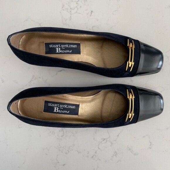 Stuart Weitzman for Browns Patent & Suede Leather Shoes Navy Gold Hardware Sz 7 - Picture 2 of 10